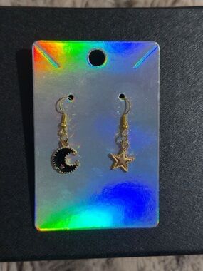Gold Moon & Star Dangle Earrings - Black Enamel Moon